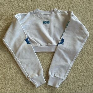 GCDS “Wet Dreamers” graphic white ultra-cropped long-sleeve sweater